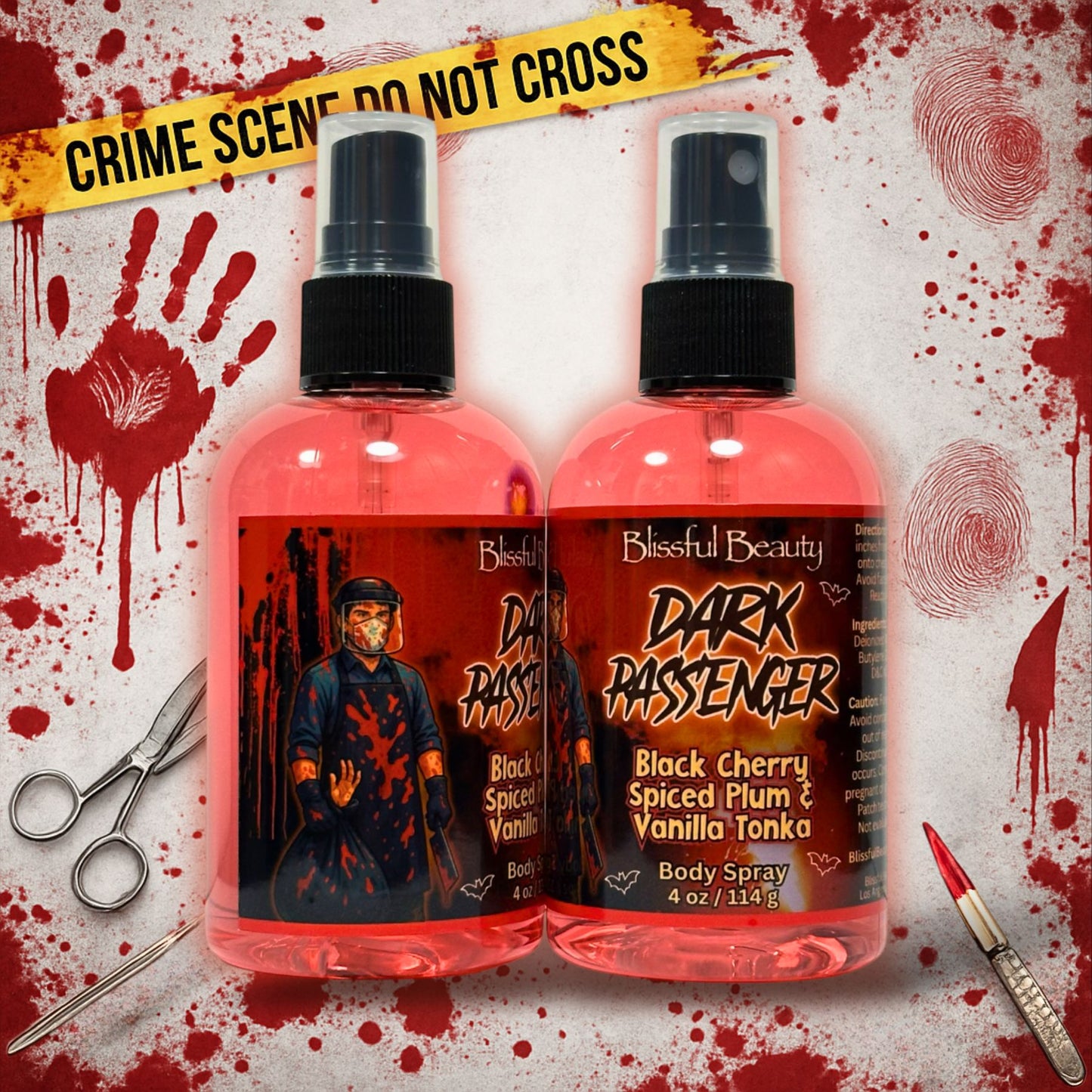 Dark Passenger body spray by Blissful Beauty — Dexter-inspired 4 oz scented spray with black cherry, spiced plum, and vanilla tonka. Extra bottle shown for label view.
