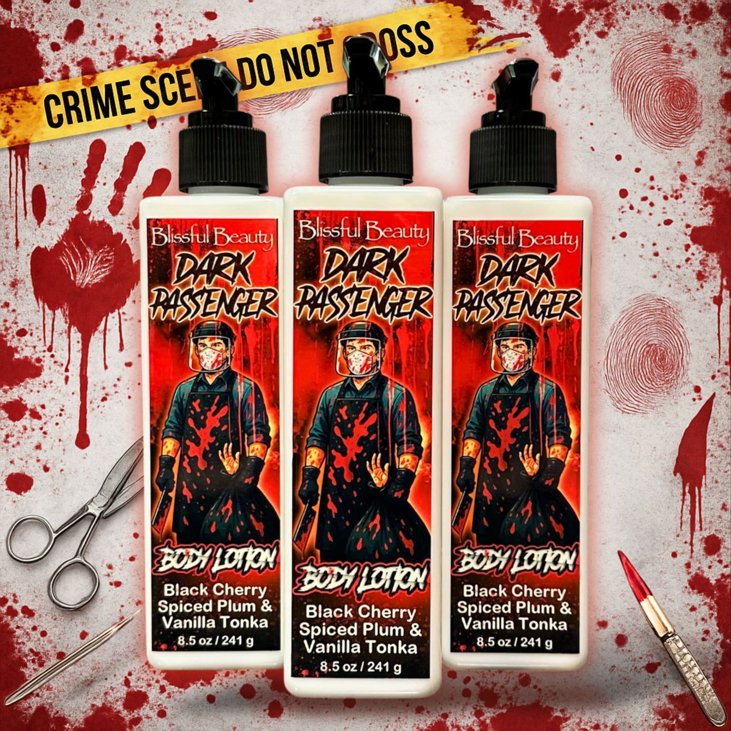 Dark Passenger body lotion by Blissful Beauty — 8.5 oz spooky cherry plum scented moisturizer inspired by Dexter.