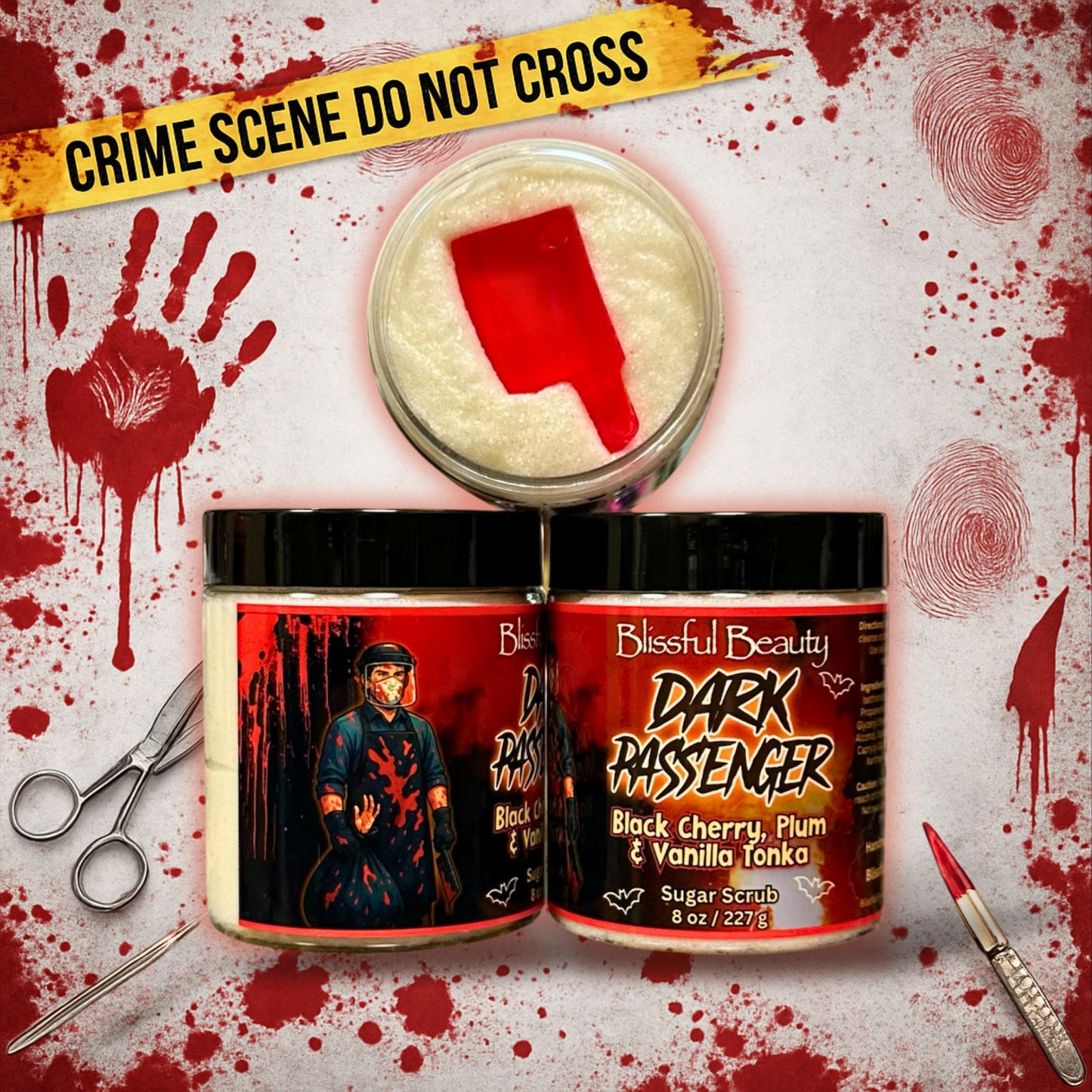 Dark Passenger sugar scrub by Blissful Beauty — 8 oz exfoliating scrub with cherry, plum, and vanilla scent. Top and side views included to show texture and label.