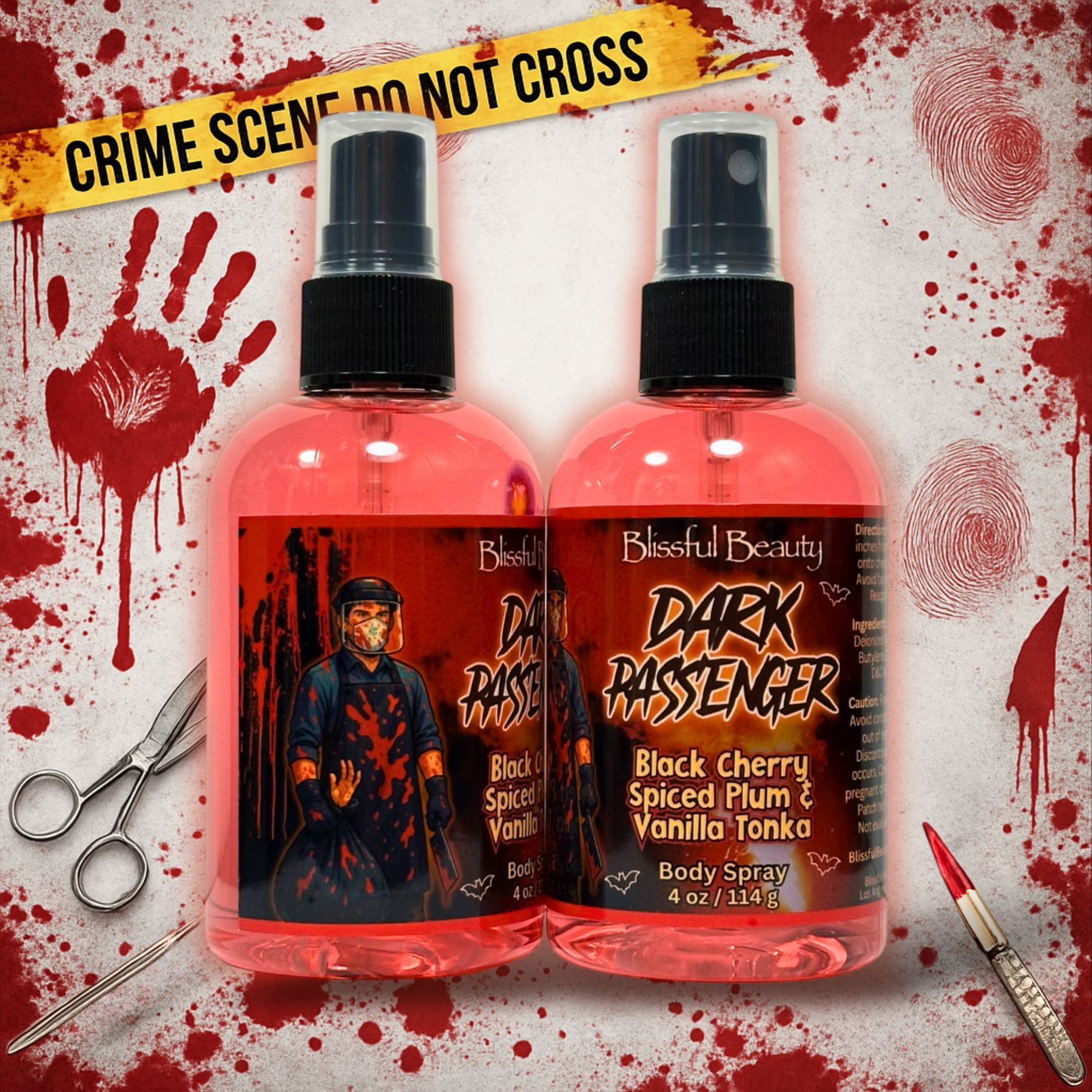 Dark Passenger body spray by Blissful Beauty — Dexter-inspired 4 oz scented spray with black cherry, spiced plum, and vanilla tonka. Extra bottle shown for label view.