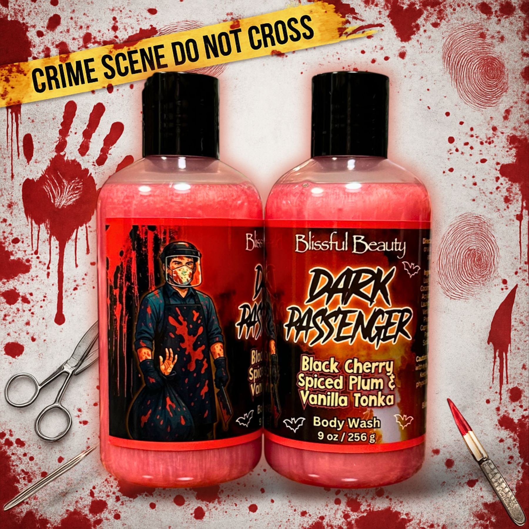 Dark Passenger body wash by Blissful Beauty — red 9 oz horror-themed body cleanser with cherry, plum, and vanilla tonka scent. Second bottle displays label details.