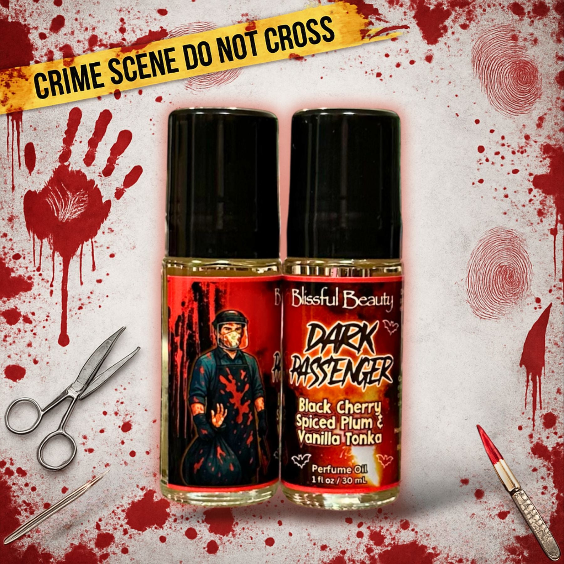 Dark Passenger perfume oil by Blissful Beauty — 1 oz roller bottle with cherry, spiced plum, and vanilla tonka fragrance. Second bottle shows wrap-around artwork.