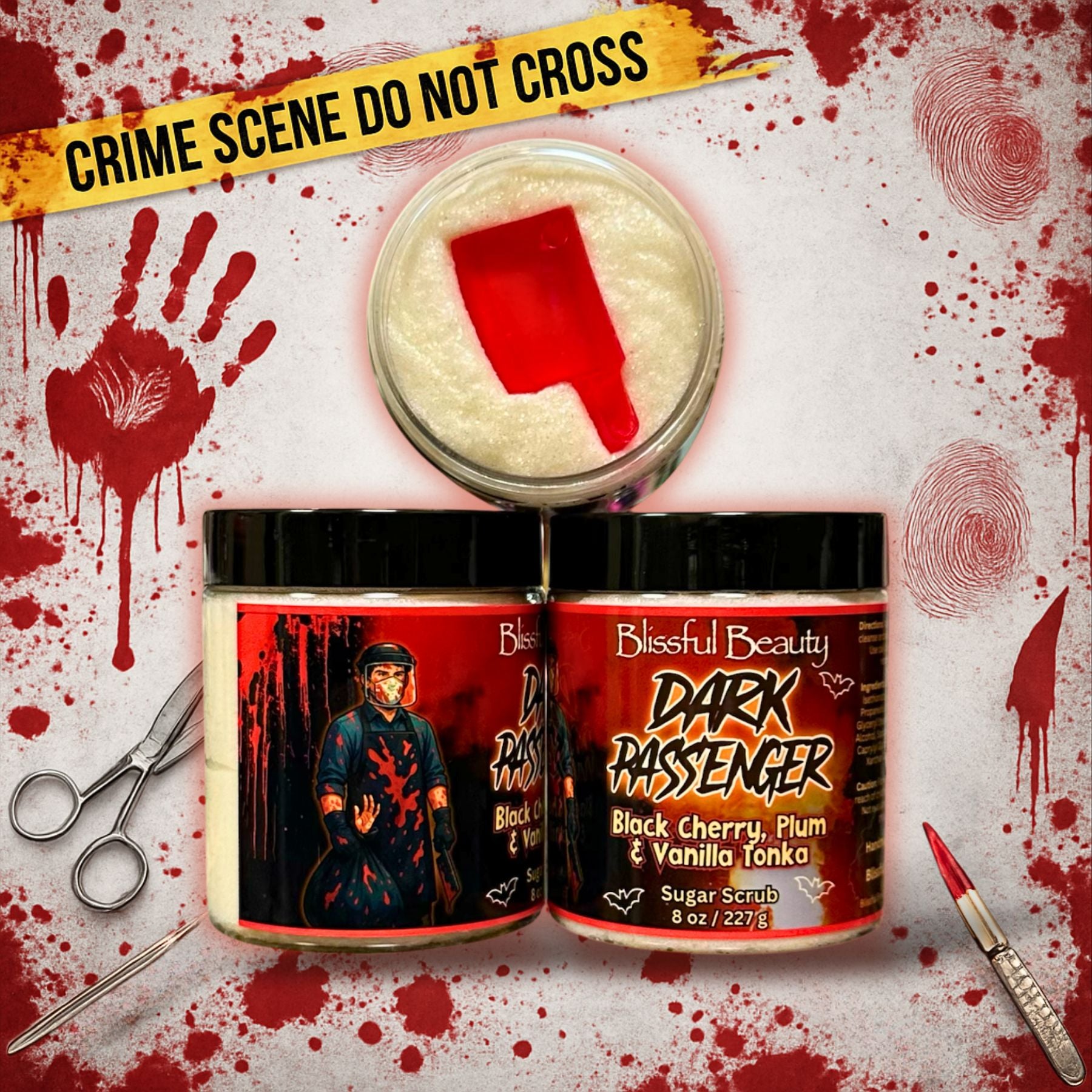 Dark Passenger sugar scrub by Blissful Beauty — 8 oz exfoliating scrub with cherry, plum, and vanilla scent. Top and side views included to show texture and label.
