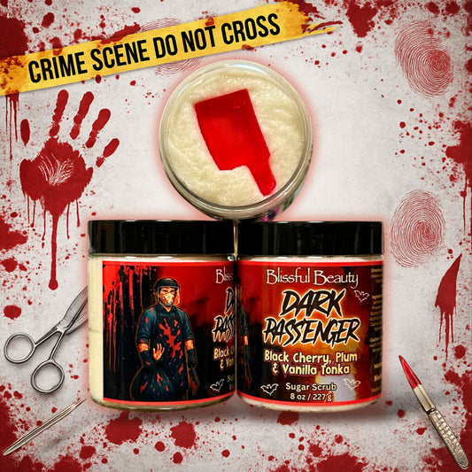Dark Passenger sugar scrub by Blissful Beauty — 8 oz exfoliating scrub with cherry, plum, and vanilla scent. Top and side views included to show texture and label.