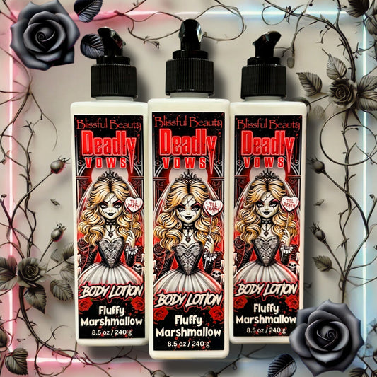 Deadly Vows Body Lotion – fluffy marshmallow and vanilla scented lotion with spooky bride label in gothic horror style bottle
